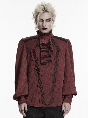 Red Gorgeous Gothic Coffin Embroidered Men's Shirt with Detachable Collar