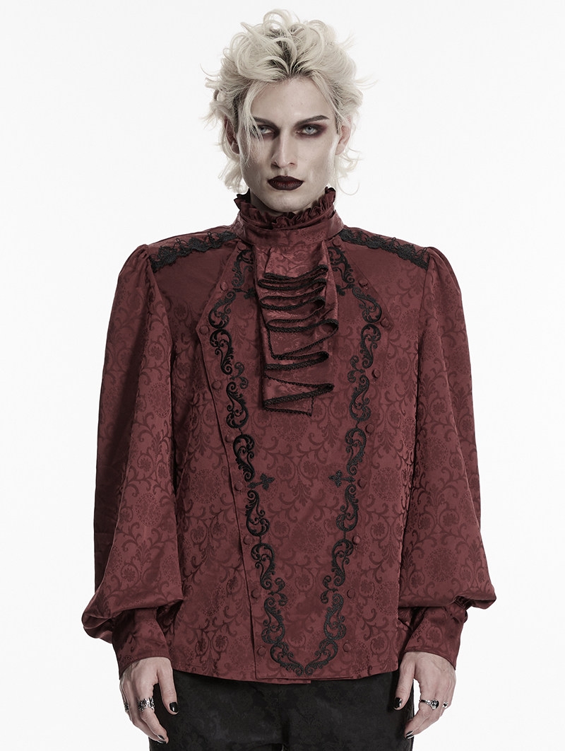 Red Gorgeous Gothic Coffin Embroidered Men's Shirt with Detachable Collar
