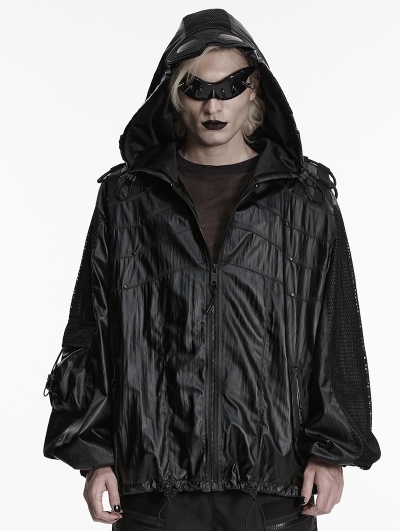 Black Gothic Punk Waterproof Mesh Spliced Jacket for Men