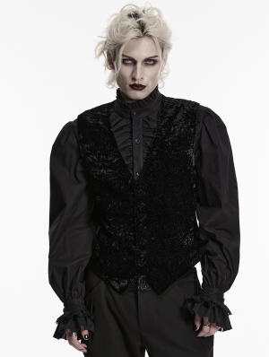 Black Gothic Retro Patterned Velvet Waistcoat for Men