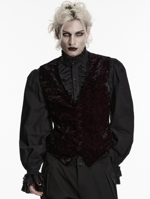 Black and Red Gothic Retro Patterned Velvet Waistcoat for Men