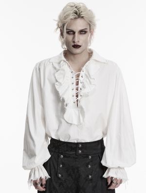 White Gothic Retro Ruffles Lace-Up Collar Shirt for Men
