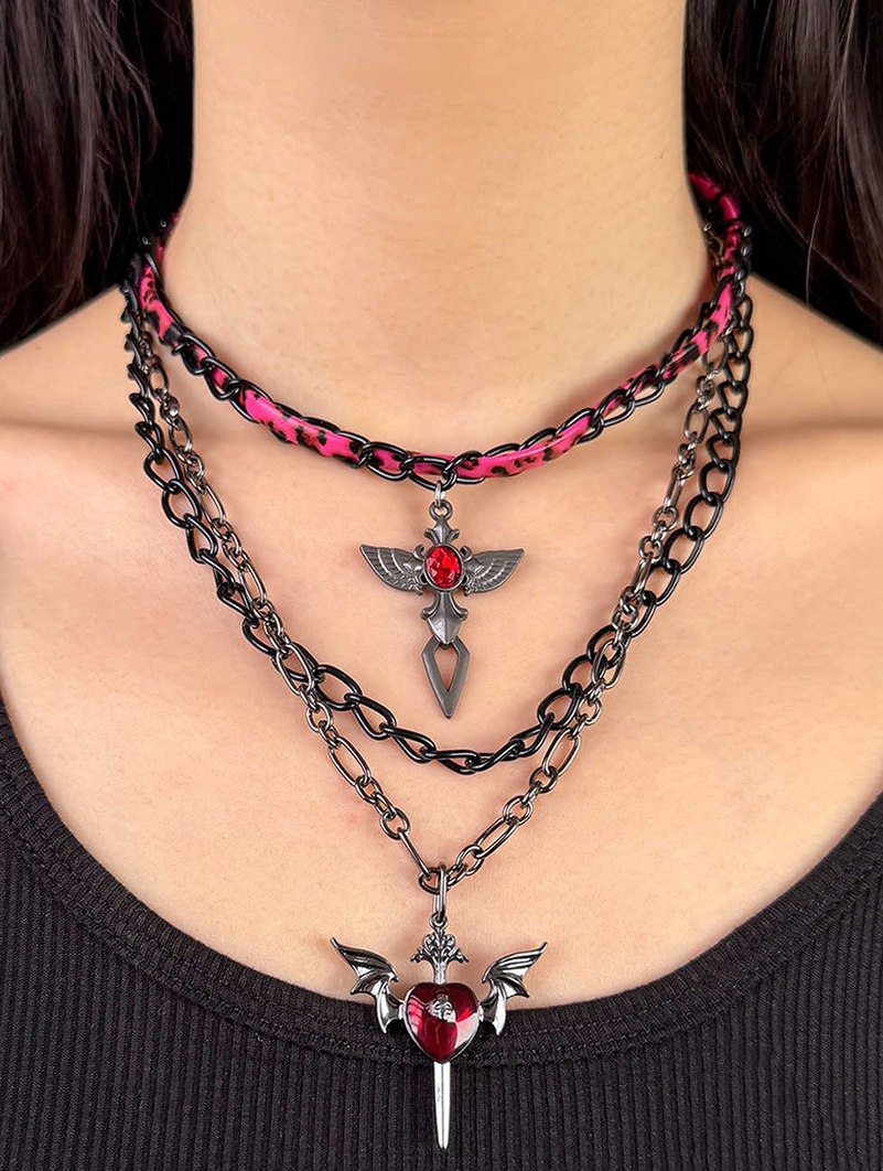 Dark Gothic Layered Heart Wing Pendant Necklace