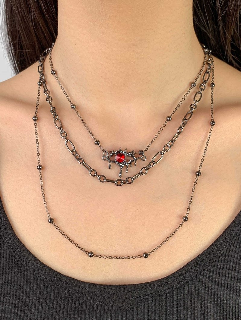 Silver Layered Red Crystal Metal Chain Necklace