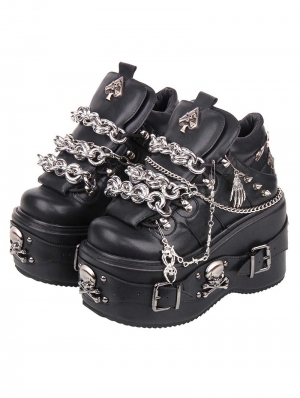 Black Gothic Skull Rivets Punk Platform Shoes with Chain