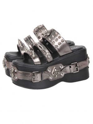 Grey Metallic Punk Gothic Studded Platform Sandals