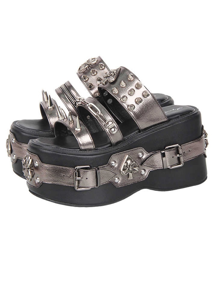 Grey Metallic Punk Gothic Studded Platform Sandals