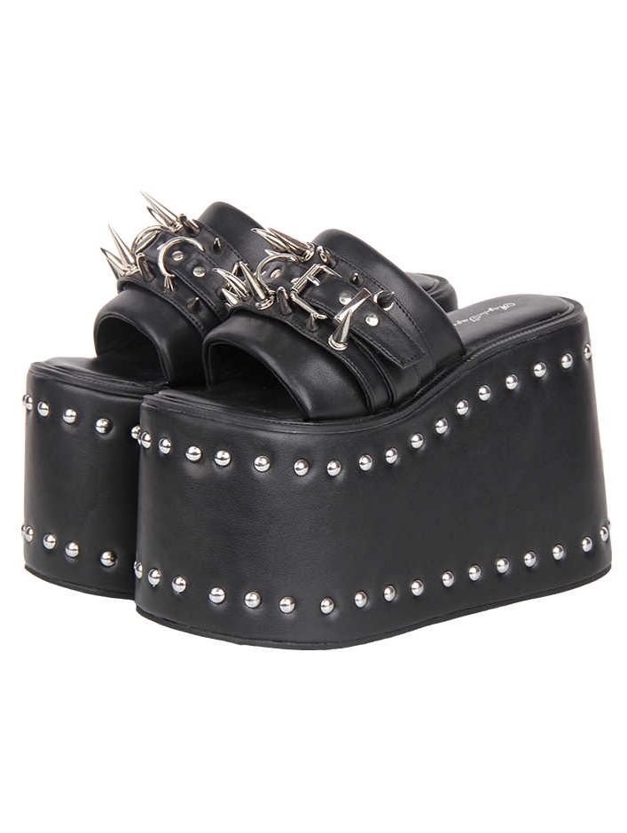 Black Gothic Punk Studded Platform Slip On Wedge Sandals