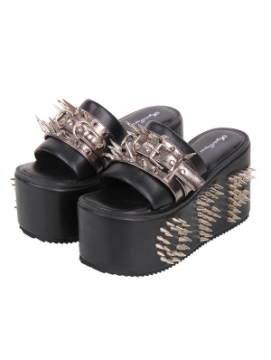 Black Metallic Studded Wedge Platform Slide  Sandals