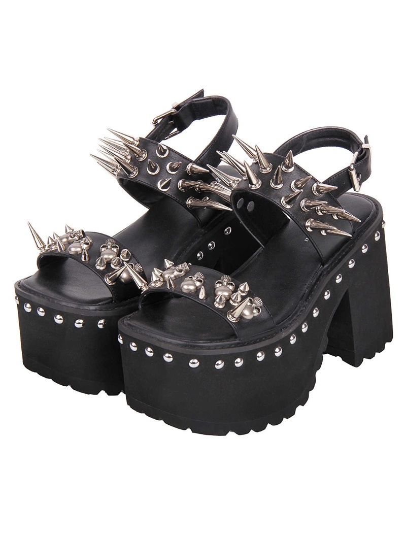 Black Gothic Buckle Strap Ridged Sole Slide Sandals