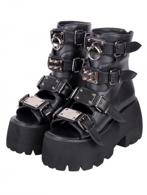 Black Gothic Punk Metallic Buckle Platform Sandals