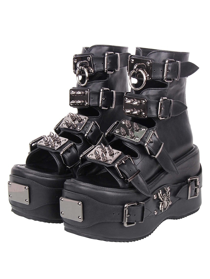 Black Punk Spiked Metal Plate Gothic Platform Sandals