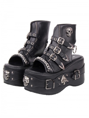 Black Punk Gothic Skull Studded Buckle Platform Sandals