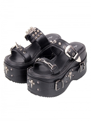 Black Gothic Punk Spiked Open Toe Buckled Platform Sandals