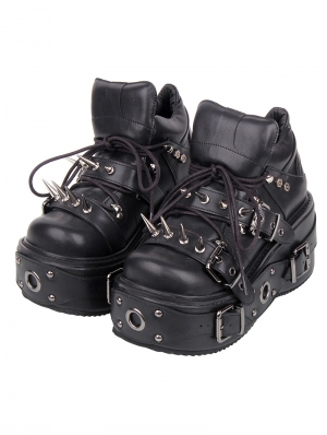 Black Gothic Punk Spiked Belt Lace Up Platform Shoes