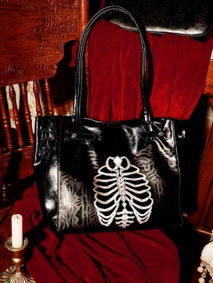 Black Gothic Skeleton Pattern Leather Tote Bag