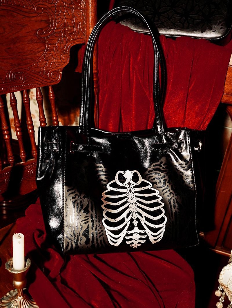 Black Gothic Skeleton Pattern Leather Tote Bag