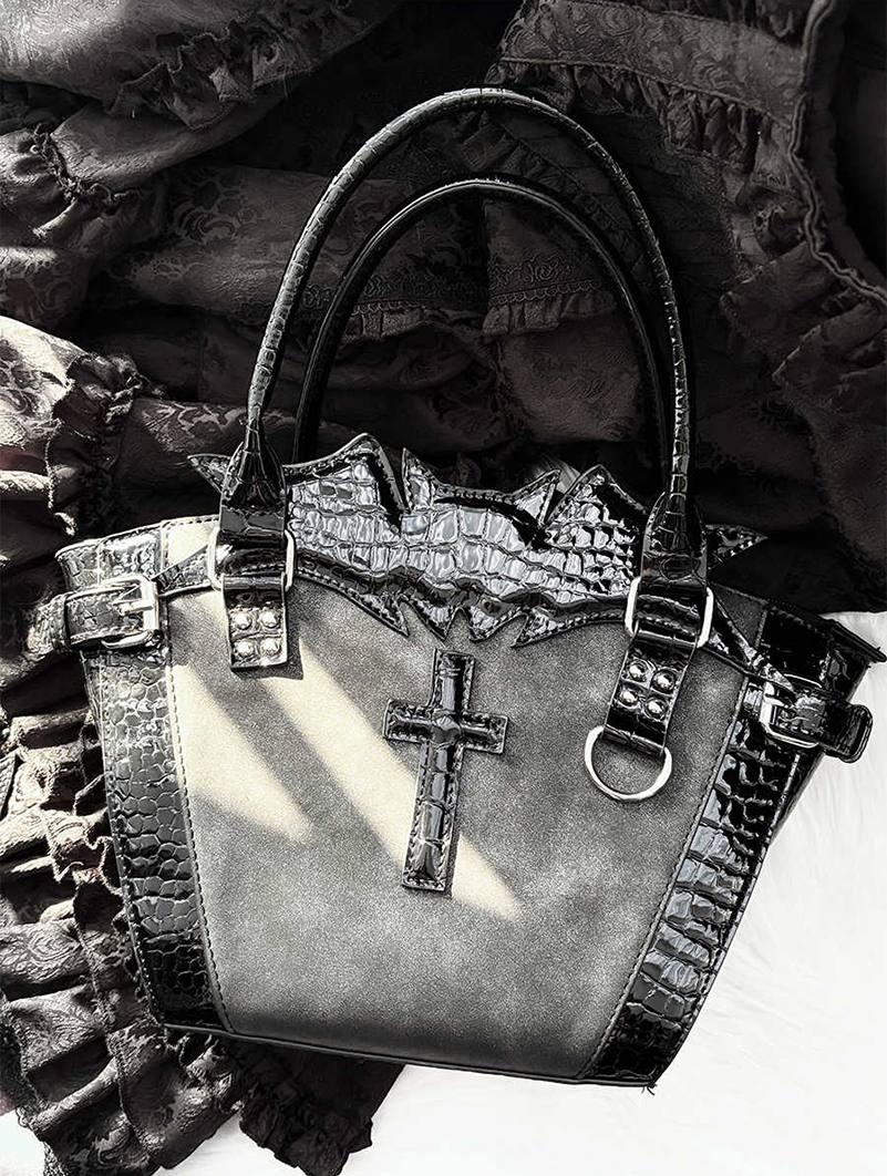 Black Gothic Cross Bat Leather Patchwork Bag