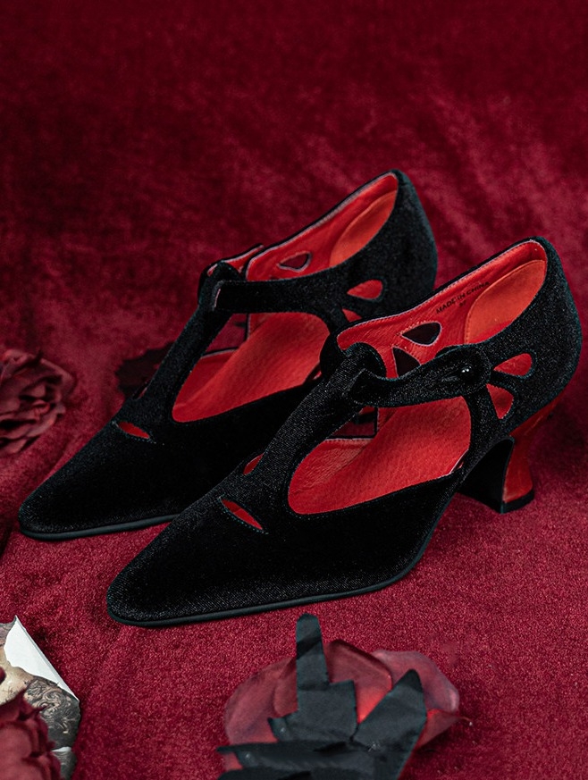 Black and Red Gothic T-Strap Heeled Victorian Shoes