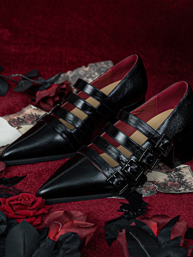 Black Pointed Toe Witch Gothic Strap Victorian Shoes