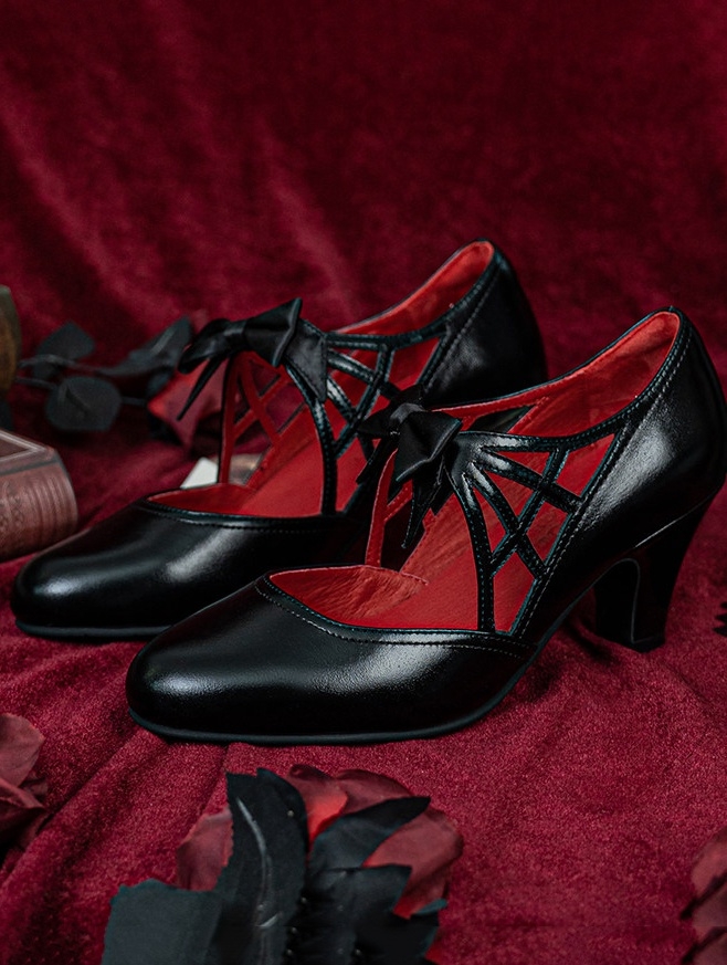 Black and Red Lined Gothic Bow Strap Victorian Shoes