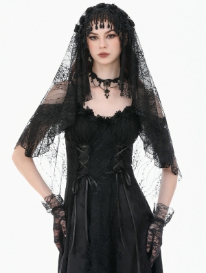 Black Gothic Embroidered Lace Beaded Fringe Veil