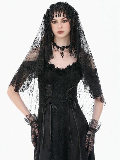 Black Gothic Embroidered Lace Beaded Fringe Veil