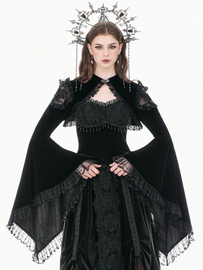 Black Gothic Velvet Lace Cutout Flared Sleeves Shrug for Women