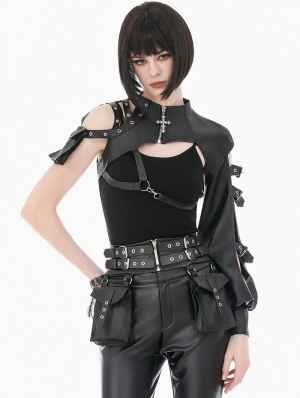 Black Gothic Punk Cross Zipper Leather Harness Shrug for Women
