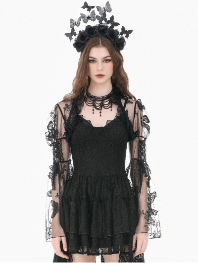 Black Gothic Ruffled Butterfly Embroidery Sheer Lace Bolero for Women