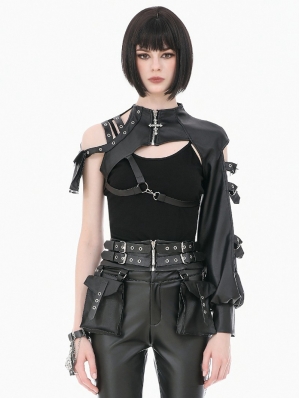Black Gothic Techwear Buckle Eyelet Leather Corset with Pouches