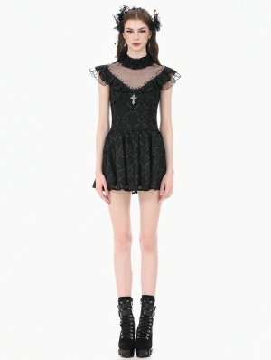 Black Dark Butterfly Lace Illusion-Neck Gothic Mini Dress