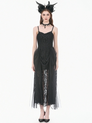 Black Dark Gothic Floral Lace Mesh Long Party Dress