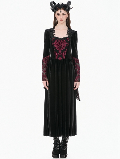Black and Red Victorian Burnout Velvet Gothic Long Dress