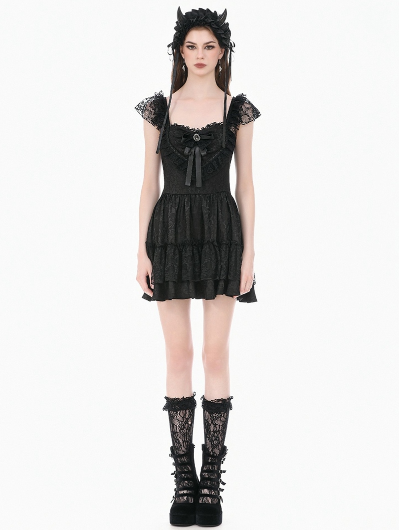 Black Gothic Lolita Jacquard Lace Flutter Sleeve Mini Dress