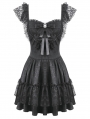 Black Gothic Lolita Jacquard Lace Flutter Sleeve Mini Dress