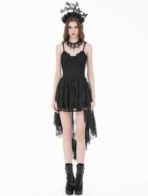 Black Retro Gothic Lace Camisole High-Low Ruffle Party Dress