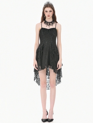 Black Gothic Romantic High-Low Ruffle Lace Cami Party Dress