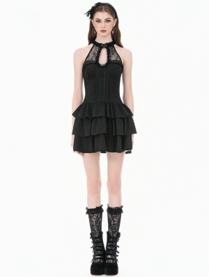 Black Gothic Halter Lace Patchwork Tiered Ruffle Mini Dress