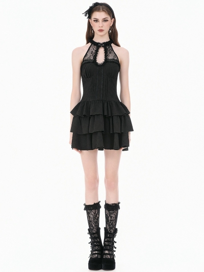 Black Gothic Halter Lace Patchwork Tiered Ruffle Mini Dress