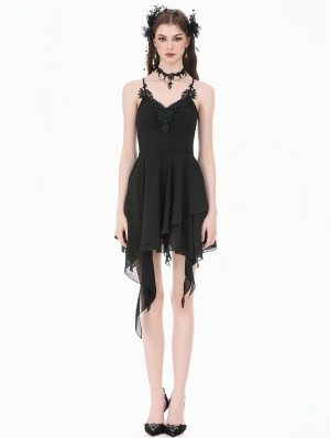 Black Gothic Lace Embroidery Asymmetric Flowy Chiffon Dress
