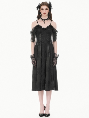 Black Gothic Romantic Jacquard Lace Cap Sleeves Gown