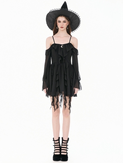 Black Gothic Chiffon Off-the-Shoulder Layered Ruffle Dress