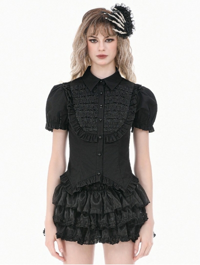 Black Gothic Retro Victorian Lace Ruffle Puff Sleeve Blouse for Women