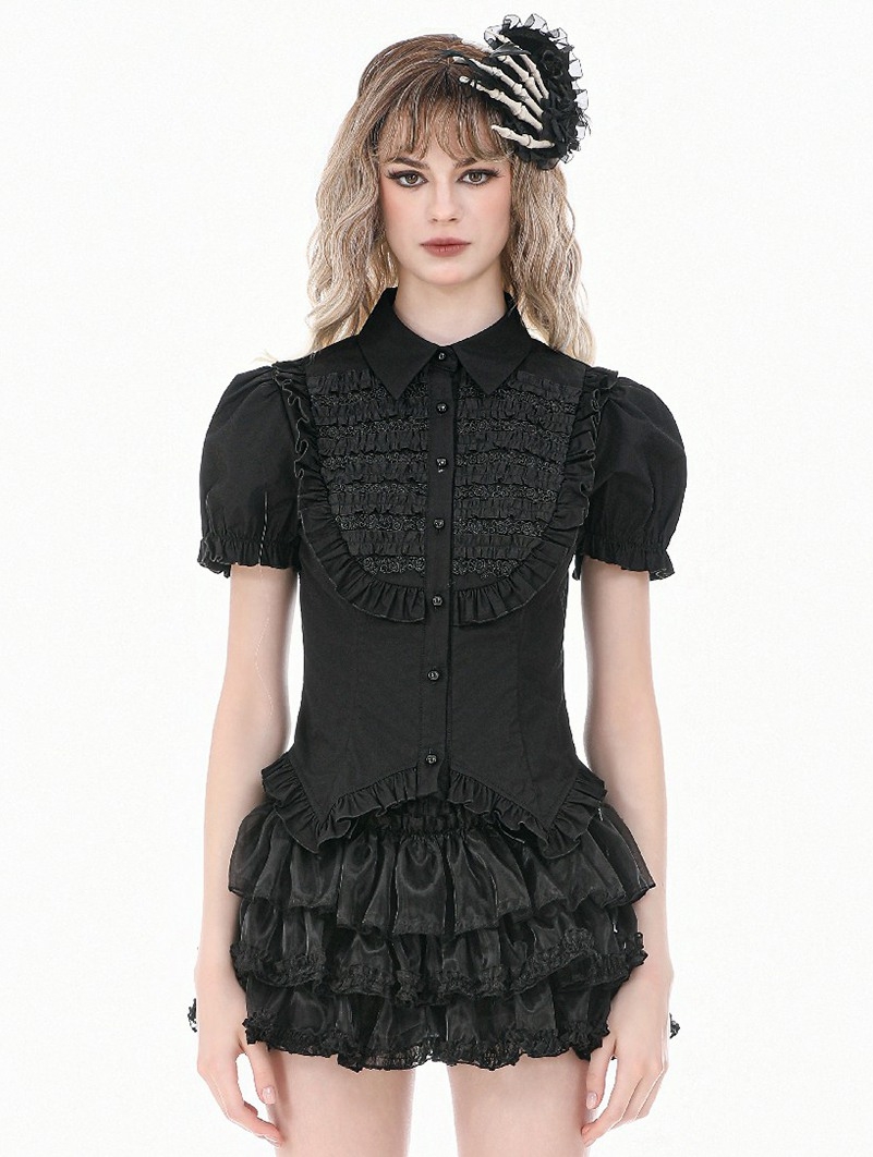 Black Gothic Retro Victorian Lace Ruffle Puff Sleeve Blouse for Women