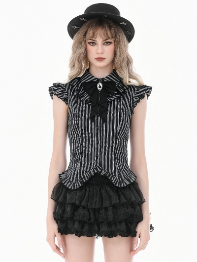 Black Gothic Striped Victorian Ruffled Flutter Sleeve Blouse for Women