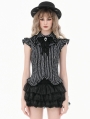 Black Gothic Striped Victorian Ruffled Flutter Sleeve Blouse for Women