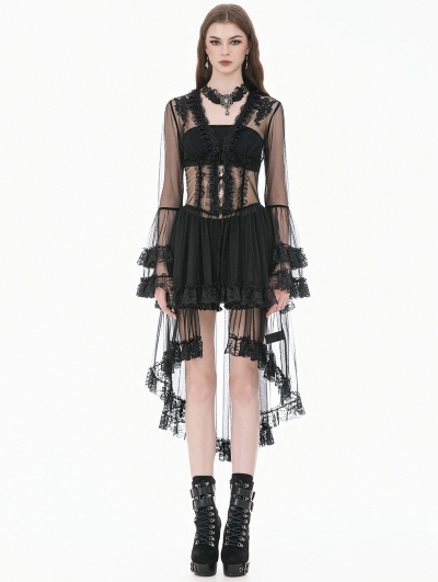 Black Gothic Retro Sheer Lace Patchwork Deep-V Flare Sleeve Coat for Women