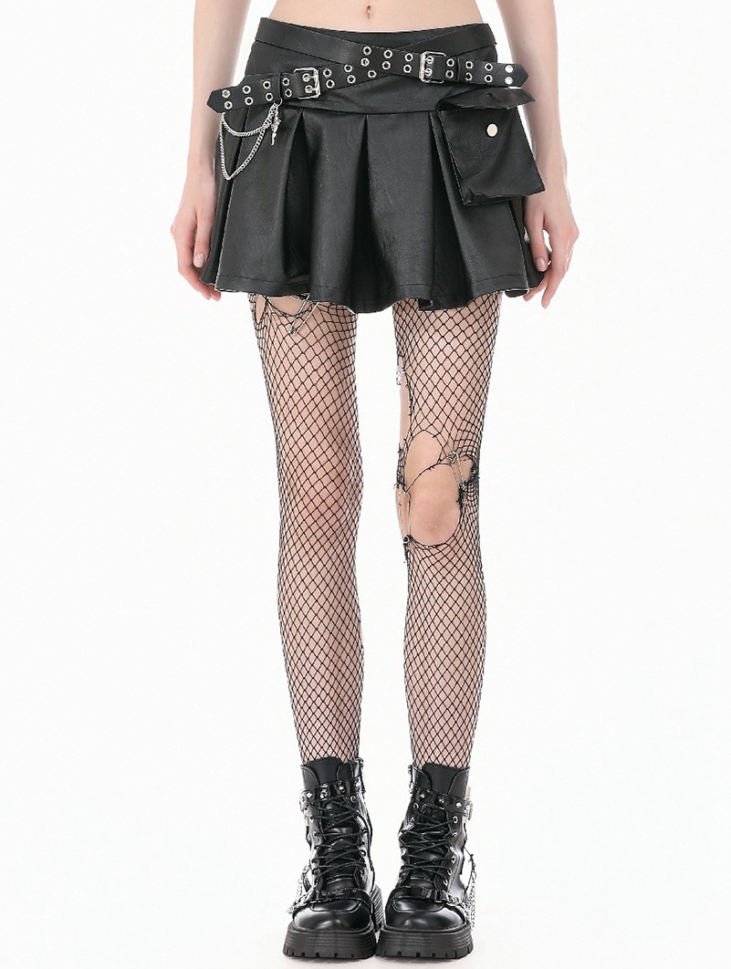 Black Gothic Punk Double Belt Pleated Mini Skirt