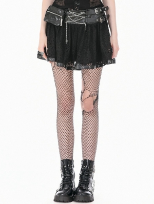 Black Gothic Punk Lace Chain Cross Mini Skirt
